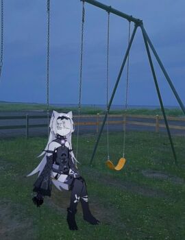 1girl animal_ears armlet black_bodysuit black_hairband black_thighhighs bodysuit claws detached_sleeves grey_eyes grey_hair hair_intakes hairband highres jewelry long_hair long_sleeves mechanical_hands no._21:_feral_(pgr) no._21_(pgr) on_swing pale_skin photo_background punishing:_gray_raven sleeveless sleeveless_bodysuit solo spiked_armlet swing swing_set thighhighs tsuuuuuukiiiiii very_long_hair wolf_ears