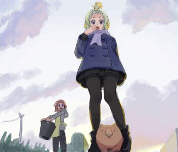 2girls :o animal_ears apron bad_drawr_id bad_id black_footwear black_pants blonde_hair blue_coat boots cloud coat cojibou dog_ears dog_girl from_below green_hair looking_at_viewer minamimi-san multiple_girls oekaki one_side_up open_mouth original pants pantyhose scarf short_hair skirt sky standing wombat