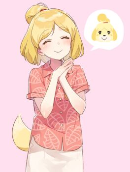 Rule 34 | 1girl, ^ ^, animal crossing, animal crossing: new horizons, animal ears, blonde hair, blush, closed eyes, closed mouth, commentary request, cowboy shot, dog ears, dog girl, dog tail, facing viewer, hands clasped in delight, hawaiian shirt, hechima (issindotai), highres, humanization, isabelle (animal crossing), leaf print, nintendo, own hands together, pink background, print shirt, red shirt, shirt, short hair, short sleeves, simple background, skirt, smile, solo, tail, topknot, white skirt