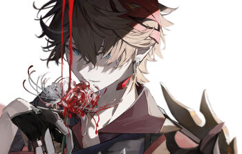 1boy 1yuki_00 arm_up black_gloves blue_eyes closed_mouth collared_shirt crossed_bangs earrings flower genshin_impact gloves highres holding holding_flower jewelry male_focus mask mask_on_head open_collar palmar_flexion piercing shirt simple_background solo spider_lily tartaglia_(genshin_impact) upper_body white_background