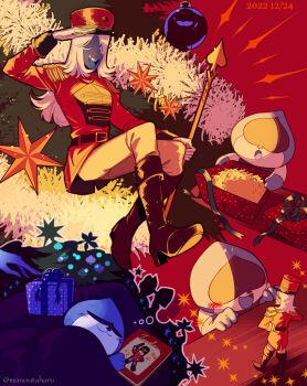 2boys blue_skin colored_skin dated deltarune gloves highres holding jacket lancer_(deltarune) long_hair long_sleeves male_focus multiple_boys open_mouth pants rouxls_kaard smile taharu_(papiyas) teeth utdr_(toby_fox) white_hair