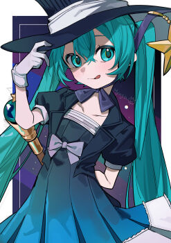 1girl absurdres adjusting_clothes adjusting_headwear arm_behind_back blue_eyes blue_hair border bow chinstrap commentary_request dress dress_bow hand_on_headwear hat hat_ornament hatsune_miku highres holding holding_staff long_hair looking_at_viewer magical_mirai_(vocaloid) magical_mirai_miku magical_mirai_miku_(2013) myuga66666 outside_border pleated_dress short_sleeves smile solo staff star_(symbol) star_hat_ornament tongue tongue_out top_hat twintails very_long_hair vocaloid white_border