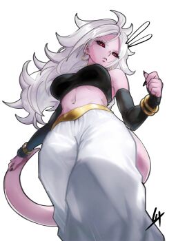 android_21 arm_up bare_shoulders black_nails black_sclera black_tube_top bracelet breasts colored_sclera colored_skin commentary dragon_ball dragon_ball_fighterz earrings from_below harem_pants highres hoop_earrings jewelry lixuz long_hair looking_afar majin_android_21 neck_ring pants pink_skin pink_tail red_eyes signature strapless tube_top white_background white_hair white_pants