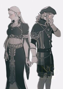 1boy 1girl beret blush breasts couple covering_own_mouth dress earrings feet_out_of_frame fingerless_gloves gloves hair_tie hand_over_own_mouth hashtag-only_commentary hat hetero highres holding_hands jewelry layered_sleeves link long_dress long_hair low_ponytail medium_breasts medium_hair military_hat military_uniform nintendo official_alternate_costume parted_bangs pointy_ears ponytail princess_zelda royal_guard_set_(zelda) sidelocks standing the_legend_of_zelda the_legend_of_zelda:_breath_of_the_wild tiara white_background white_gloves yuki_sasame00