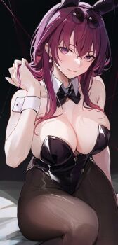 1girl animal_ears black_bow black_bowtie black_leotard black_pantyhose bow bowtie breasts detached_collar earrings eyewear_on_head fake_animal_ears highres honkai:_star_rail honkai_(series) jewelry kafka_(honkai:_star_rail) large_breasts leotard looking_at_viewer pantyhose playboy_bunny purple_eyes purple_hair rabbit_ears re0n sitting smile solo strapless strapless_leotard sunglasses wrist_cuffs