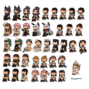 Rule 34 | 6+girls, ahoge, akebono (kancolle), akitsu maru (kancolle), animal, animal on head, ayanami (kancolle), bandaid, batsubyou, black hair, blush, braid, brown hair, capelet, cat, closed eyes, closed mouth, crab, double v, dress, dual persona, eciujegnaro, error musume, eyepatch, fubuki (kancolle), girl holding a cat (kancolle), gloves, green hair, hair bobbles, hair ornament, halo, hat, hatsuyuki (kancolle), headgear, highres, huge ahoge, isonami (kancolle), kantai collection, kiso (kancolle), kitakami (kancolle), kitakami kai ni (kancolle), kuma (kancolle), light brown hair, long hair, maru-yu (kancolle), mechanical halo, miyuki (kancolle), multiple girls, murakumo (kancolle), oboro (kancolle), on head, one-piece swimsuit, ooi (kancolle), ooi kai ni (kancolle), open mouth, pink hair, ponytail, purple hair, sack, sailor collar, sailor dress, santa hat, sazanami (kancolle), school uniform, serafuku, shikinami (kancolle), shirayuki (kancolle), short hair, short twintails, side ponytail, sidelocks, silver hair, simple background, smile, swimsuit, tama (kancolle), tatsuta (kancolle), tenryuu (kancolle), twin braids, twintails, twitter username, uranami (kancolle), ushio (kancolle), v, white background