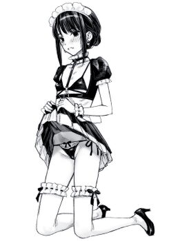 1girl apron blood_alone clothes_lift commentary_request crop_top flat_chest full_body greyscale high_heels highres kneeling long_hair looking_at_viewer maid maid_headdress misaki_minato monochrome panties side-tie_panties sidelocks simple_background skirt skirt_lift solo takano_masayuki thighhighs underwear