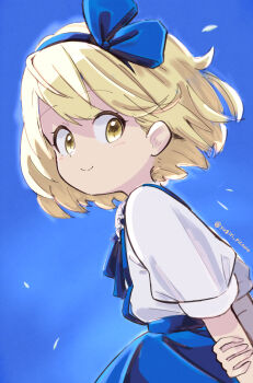 Rule 34 | 1girl, alice margatroid, alice margatroid (pc-98), blonde hair, blue background, blue hairband, blue ribbon, blue skirt, closed mouth, hair ribbon, hairband, highres, holding own arm, looking to the side, neck ribbon, ribbon, shirt, short sleeves, skirt, solo, touhou, touhou (pc-98), upper body, white shirt, yellow eyes, yugiri (yugiri picture)