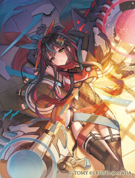 Rule 34 | 1girl, black gloves, black hair, black thighhighs, breasts, closed mouth, commentary request, copyright notice, elbow gloves, fishnet leotard, fishnets, gloves, leotard, long hair, looking at viewer, lying, madopen, medium breasts, navel, ninja, official art, on back, sidelocks, solo, thighhighs, wixoss, yellow eyes, yuzuki (wixoss)