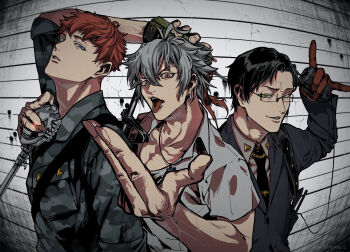 3boys \m/ absurdres adam's_apple antenna_hair aohitsugi_samatoki arm_around_back arm_at_side arm_up asymmetrical_bangs black_hair black_jacket black_necktie blue_eyes breast_pocket bullet_hole busujima_mason_rio camouflage camouflage_jacket choppy_bangs collar_chain_(jewelry) collarbone collared_shirt commentary ear_piercing earrings expressionless film_grain fingernails fisheye furrowed_brow glasses gloves green_eyes grey_hair grey_jacket grey_shirt gun gun_on_back hair_between_eyes hand_up highres holding holding_walkie-talkie hoop_earrings hypnosis_mic iruma_jyuto jacket jewelry long_sleeves looking_at_viewer mad_trigger_crew male_focus microphone_stand multiple_boys necklace necktie orange_hair parted_lips pegxvpve8 piercing pixiv_id pocket rectangular_eyewear red_eyes red_gloves shirt short_hair short_sleeves sideways_glance sleeves_rolled_up smirk suit_jacket tie_clip tongue tongue_out upper_body v-shaped_eyebrows veins veiny_arms very_short_hair walkie-talkie weapon weapon_on_back white_shirt