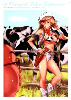 1girl animal_print aqua_eyes belt bikini bikini_top_only blonde_hair boots braid breasts cleavage cow cow_print cowboy_hat cowboy_western english_text female_focus freckles fringe_trim glasses gun handgun hat highres large_breasts legs long_hair nishieda ranch remuria revolver shinrabanshou short_shorts shorts smile solo swimsuit twin_braids twintails weapon
