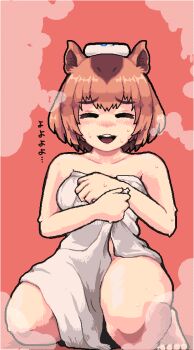 1girl animal_ears blush breasts brown_hair capybara_(kemono_friends) capybara_ears capybara_girl closed_eyes japari_symbol kemono_friends kneeling looking_at_viewer medium_breasts midoribox multicolored_hair naked_towel open_mouth pixel_art short_hair smile solo steam sweat thigh_gap towel towel_on_head