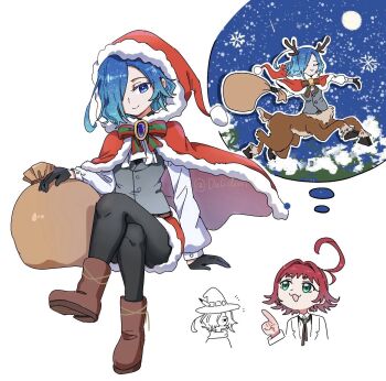2girls :3 :d ahoge antlers bell belt black_gloves black_pantyhose blue_eyes blue_hair bolo_tie boots bow bowtie brown_belt brown_footwear centauroid christmas cloak closed_eyes closed_mouth cropped_shoulders crossed_legs dalidari27 drop_shadow flipped_hair floating_cape flying full_body fur-trimmed_cloak fur-trimmed_hood fur-trimmed_shorts fur_trim gem gloves green_bow green_bowtie green_eyes grey_vest hair_between_eyes hair_intakes hair_over_one_eye half-closed_eyes hat hat_feather highres holding holding_sack hood hood_down hood_up hooded_cloak horns image_in_thought_bubble imagining invisible_chair kimi_no_koto_ga_dai_dai_dai_dai_daisuki_na_100-nin_no_kanojo lab_coat long_sleeves looking_at_viewer moon multiple_girls multiple_views nakaji_uto neck_bell night night_sky notice_lines open_mouth outline outstretched_arms pantyhose pine_tree pointing pointing_up pom_pom_(clothes) purple_gemstone red_bow red_bowtie red_cloak red_hair red_hood red_shorts reindeer_antlers reindeer_girl sack santa_costume santa_hood shirt short_hair shorts sitting sky smile snow_on_tree snowflakes snowing split_mouth striped_bow striped_bowtie striped_clothes taur thick_eyebrows tree twitter_username v-shaped_eyebrows vest wavy_hair white_outline white_shirt wizard_hat yakuzen_kusuri