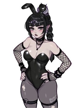 1girl animal_ear_hairband animal_ears artist_name baldur&#039;s_gate baldur&#039;s_gate_3 bare_shoulders black_hair black_nails blunt_bangs blush blushyspicy braid breasts collarbone commentary dungeons_&amp;_dragons dungeons_&amp;_dragons english_commentary fake_animal_ears goth_fashion green_eyes hairband hands_on_own_hips highres large_breasts leotard light_frown long_braid long_hair looking_at_viewer pantyhose playboy_bunny pointy_ears rabbit_ear_hairband rabbit_ears scar scar_on_face scar_on_nose shadowheart_(baldur&#039;s_gate) simple_background single_braid solo strapless strapless_leotard thick_thighs thighs white_background