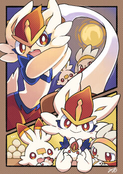 1girl 2koma 2others absurdres animal_nose arms_up artist_name blue_fur blush body_fur border bowl bright_pupils brown_border buck_teeth cinderace closed_mouth comic covered_mouth cowboy_shot day flat_chest food foodification furry furry_female gen_8_pokemon grey_fur halftone hammer hands_up happy head_tilt highres holding holding_food holding_hammer light_blush looking_at_another looking_at_viewer looking_up minamo_(pixiv17726065) mochi mochitsuki motion_lines multiple_others multiple_views nintendo notice_lines open_mouth outdoors pokemon pokemon_(creature) rabbit_ears rabbit_girl rabbit_tail raboot red_eyes red_fur red_hair scorbunny short_hair signature smile standing sun teeth upper_body white_fur white_pupils