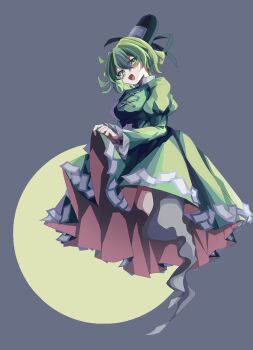 1girl :d absurdres black_hat black_ribbon breasts commentary_request dress frills full_body ghost_tail green_background green_dress green_eyes green_hair grey_background hat hat_ribbon highres large_breasts long_sleeves looking_at_viewer ofuda ofuda_on_clothes open_mouth puffy_long_sleeves puffy_sleeves ribbon short_hair skirt_hold smile soga_no_tojiko solo tate_eboshi touhou two-tone_background xing_mao_yin_(ksyd4458)
