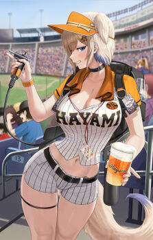 1girl alcohol animal_ears baseball_stadium beer belt black_belt black_choker blue_eyes blush breasts choker cleavage collarbone day grin hair_ornament highres holding large_breasts looking_at_viewer navel original outdoors short_hair short_shorts short_sleeves shorts silvertsuki smile solo_focus star_(symbol) star_hair_ornament stomach tail teeth thigh_strap thighs white_shorts