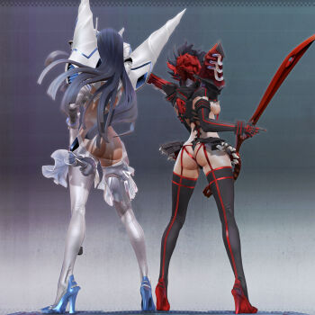 2girls 3d absurdres adapted_costume armor armpits ass black_hair blue_eyes boots breasts cameltoe cleavage covered_erect_nipples high_heel_boots high_heels highres katana kill_la_kill kiryuuin_satsuki large_breasts leslyzerosix long_hair looking_at_viewer matoi_ryuuko multiple_girls pauldrons red_hair sheath shoulder_armor sword thigh_boots thighhighs unsheathing weapon