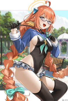 1girl absurdres ahoge aqua_neckerchief black-framed_eyewear black_gloves black_leotard black_thighhighs blue_archive blue_sailor_collar blue_shrug blush border braid breasts commentary_request covered_navel dor_m feather_hair feathers glasses gloves half_gloves halo highres holding holding_riding_crop lamppost large_breasts leotard letterboxed long_hair long_sleeves looking_at_viewer low_twin_braids neckerchief open_mouth outdoors outside_border riding_crop sailor_collar semi-rimless_eyewear shimiko_(blue_archive) shimiko_(magical)_(blue_archive) shrug_(clothing) smile solo super_highleg teeth thighhighs thighs twin_braids upper_teeth_only very_long_hair white_border yellow_feathers yellow_halo