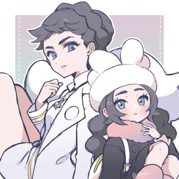 2girls ansha_(pokemon) black_coat black_hair blue_eyes closed_mouth coat diantha_(pokemon) eyelashes hat highres long_hair long_sleeves looking_at_viewer mega_stone mipokec multiple_girls nintendo open_mouth parted_lips pokemon pokemon_legends:_z-a pokemon_xy white_hat winter_clothes winter_coat