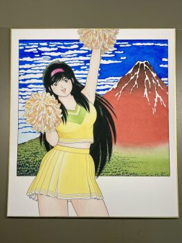 Rule 34 | 1girl, arm up, armpits, asaoka natsumi, black hair, blue sky, breasts, brown eyes, cheerleader, cloud, commentary request, cowboy shot, fine art parody, gaifu kaisei, hairband, hand up, highres, large breasts, long hair, looking at viewer, midriff peek, miura mitsuru, mount fuji, official artist extra, open mouth, parody, pink hairband, pleated skirt, pom pom (cheerleading), shirt, skirt, sky, sleeveless, sleeveless shirt, smile, solo, teeth, the kabocha wine, traditional media, upper teeth only, v-neck, yellow shirt, yellow skirt