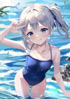 1girl :q aizawa_(aizawatsu) asymmetrical_sidelocks blue_eyes blue_one-piece_swimsuit blue_ribbon blush breasts closed_mouth collarbone commentary covered_navel cowboy_shot day english_commentary hair_ribbon highres lens_flare looking_at_viewer ocean one-piece_swimsuit original outdoors ribbon rock school_swimsuit short_hair side_ponytail sidelocks small_breasts smile solo swimsuit tongue tongue_out w wading wet