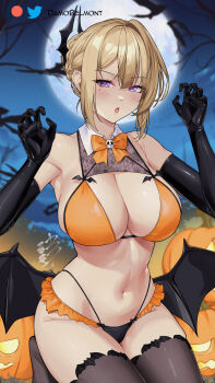 1girl bat_wings bikini black_bikini black_gloves black_thighhighs blonde_hair bow bowtie braid braided_bun breasts claw_pose cleavage commentary_request damobelmont detached_collar elbow_gloves evelyn_chevalier fake_wings full_moon gloves hair_bun hair_ornament halloween halloween_costume highleg highleg_bikini highres kneeling large_breasts light_blush looking_at_viewer mole mole_under_eye moon multicolored_bikini navel night night_sky open_mouth orange_bikini orange_bow orange_bowtie outdoors paid_reward_available purple_eyes sky solo swimsuit thighhighs two-tone_bikini wings zenless_zone_zero
