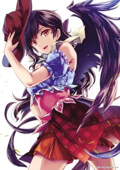 1girl :d absurdres bandana bandana_around_neck black_hair black_wings blue_shirt blue_sleeves brown_hat character_name cowboy_hat cowboy_shot detached_sleeves feathered_wings hat hat_tip highres horse_tail kurokoma_saki long_hair looking_at_viewer monety open_mouth plaid_clothes plaid_shirt plaid_skirt pleated_skirt red_eyes red_nails red_skirt shirt simple_background skirt sleeveless sleeveless_shirt smile solo tail third-party_source touhou white_background white_bandana wings