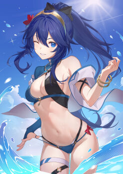 1girl absurdres alternate_costume alternate_hairstyle arisia19 bikini bikini_pull black_bikini black_bow blue_bikini bow brand_of_the_exalt breasts cleavage clothes_pull commentary commission english_commentary fire_emblem fire_emblem_awakening flower gluteal_fold hair_between_eyes hair_bow hair_flower hair_ornament highres long_hair looking_at_viewer lucina_(fire_emblem) medium_breasts navel nintendo one_eye_closed ponytail red_flower sideboob single_bare_shoulder solo swimsuit symbol_in_eye tiara water
