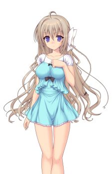 1girl ahoge black_bow blue_dress blue_eyes blush bow braid breasts brown_hair casual collarbone dress game_cg genseishinki_sacred_virth hair_bow hair_intakes hand_on_own_chest large_breasts large_variant_set long_hair looking_at_viewer non-web_source official_art purple_eyes short_dress short_sleeves single_braid solo standing tierna_aeride_throne transparent_background variant_set very_long_hair white_bow yuugure_pairo