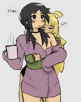 Rule 34 | 2girls, absurdres, black eyes, black hair, blonde hair, chito (shoujo shuumatsu ryokou), coffee, cuddling, english text, highres, multiple girls, pajamas, shoujo shuumatsu ryokou, speech bubble, squidmiku , thighs, thought bubble, yuri, yuuri (shoujo shuumatsu ryokou)