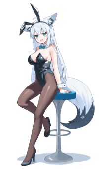 1girl :d absurdres ahoge animal_ear_hairband animal_ear_piercing animal_ears aqua_bow aqua_bowtie aqua_eyes bare_shoulders black_leotard bow bowtie breasts cleavage commentary_request covered_navel deaver detached_collar double-parted_bangs fake_animal_ears fox_ears fox_girl fox_tail full_body hair_between_eyes hairband highleg highleg_leotard highres hololive leotard long_hair looking_at_viewer on_stool open_mouth pantyhose pentagram playboy_bunny rabbit_ear_hairband rabbit_ears shirakami_fubuki sidelocks simple_background sitting smile solo strapless strapless_leotard tail traditional_bowtie very_long_hair virtual_youtuber white_background white_hair white_wrist_cuffs wrist_cuffs