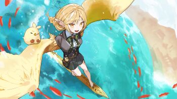 Rule 34 | 1girl, absurdres, barefoot, beach, belt pouch, blonde hair, bow, bowtie, brooch, feathered wings, fish, glitch stars, green bow, green bowtie, harpy, highres, jewelry, kaigen 1025, kamogumi (kanna yanagi), kanna yanagi, long braid, long hair, monster girl, ocean, open mouth, pointy ears, pouch, second-party source, socks, surfing, virtual youtuber, white hair, wings, yellow eyes, yellow wings