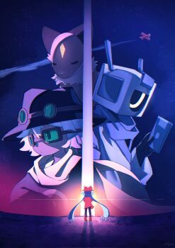 1boy 1girl 1other aircraft airplane androgynous animal_hat backlighting biplane black_coat black_fur black_hat blue_hair blue_scarf boots brown_boots brown_coat brown_hat cat_hat cedric_(oneshot) closed_eyes coat commentary contrail english_commentary floppy_disk fox hat highres holding_floppy_disk humanoid_robot long_scarf long_sleeves looking_at_viewer looking_to_the_side medium_hair neck_fur niko_(oneshot) one-eyed oneshot_(game) orange_fur prototype_(oneshot) pungsun robot rue_(oneshot) scarf standing white_coat white_fur white_hair yellow_eyes yellow_scarf