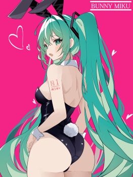 1girl absurdres animal_ears aqua_eyes aqua_hair ass black_leotard coco_irasuto detached_collar from_behind hatsune_miku highres leotard looking_at_viewer looking_back pantyhose pink_background playboy_bunny rabbit_ears rabbit_tail solo strapless strapless_leotard tail tattoo twintails vocaloid white_pantyhose wrist_cuffs