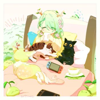 1girl 6+others alternate_costume antlers bad_id bad_twitter_id bed bed_sheet blob braid braided_bangs branch cat ceres_fauna chibi closed_eyes clover_(ceres_fauna) creature cup deer drinking flower green_hair hair_flower hair_ornament hair_over_one_eye headboard hololive hololive_english horns mole mole_under_eye mug multiple_others nemu_(ceres_fauna) nintendo_switch pajamas peri_drsg sapling_(ceres_fauna) snail_(ceres_fauna) sprout_on_head steam_deck sweatdrop tail tea teacup virtual_youtuber
