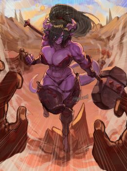 1girl armor bare_shoulders bikini_armor black_hair blue_eyes blue_sky breasts cloud collarbone colored_skin desert draenei dust gabriel_ales gloves glowing glowing_eyes hammer highres holding holding_hammer holding_weapon hooves horns huge_weapon large_breasts leg_armor long_hair long_pointy_ears looking_at_viewer motion_lines open_mouth outdoors player_character_(wow) pointy_ears ponytail pov purple_skin running sky speed_lines thighhighs warcraft weapon world_of_warcraft