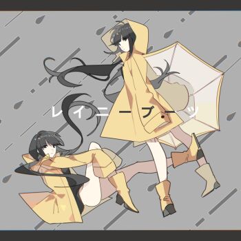 2girls absurdres black_eyes black_hair black_shirt blunt_bangs boots clone dot_nose expressionless floating_hair grey_background hands_on_own_knees high_heel_boots high_heels highres holding holding_umbrella hood hood_down hood_up isshou_(1162713906) knee_up kneepits long_hair long_sleeves looking_at_viewer looking_back looking_to_the_side low_twintails multiple_girls no_panties osage_(nukunuku_nigirimeshi) outstretched_arms parted_lips rain raincoat rainy_boots_(vocaloid) rubber_boots shirt sleeves_past_fingers sleeves_past_wrists song_name twintails umbrella vocaloid water_drop yellow_boots yellow_raincoat yellow_umbrella