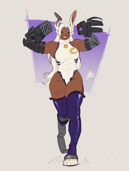 1girl amputee animal_ears bare_shoulders boku_no_hero_academia breasts commentary covered_abs covered_navel crescent_print dark-skinned_female dark_skin english_commentary flexing full_body fur_collar gloves grin highleg highleg_leotard highres leotard long_eyelashes long_hair looking_at_viewer mechanical_arms medium_breasts mirko muscular muscular_female parted_bangs pepedraws prosthesis prosthetic_leg purple_thighhighs rabbit_ears rabbit_girl red_eyes simple_background single_mechanical_arm smile solo standing taut_leotard thick_thighs thighhighs thighs v white_background white_gloves white_hair white_leotard