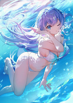 1girl air_bubble bare_legs bare_shoulders barefoot bikini bison_cangshu blue_eyes blue_hair blush breasts bubble cleavage collarbone commentary fins front-tie_bikini_top front-tie_top hair_ornament head_fins highres long_hair looking_at_viewer navel one_eye_closed open_mouth original solo stomach submerged swimsuit symbol-only_commentary underwater water white_bikini