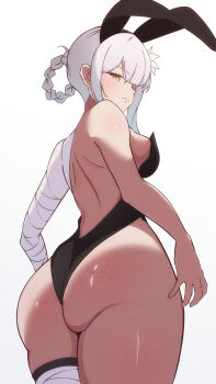 1girl absurdres animal_ears ass ass_focus back backless_leotard bandaged_arm bandaged_leg bandages black_leotard blush braid breasts closed_mouth commentary_request fake_animal_ears flower from_behind hair_flower hair_ornament highleg highleg_leotard highres kaine_(nier) kamitsune leotard long_hair looking_at_viewer looking_back nier nier_(series) playboy_bunny rabbit_ears revision shiny_skin sideboob solo standing strapless strapless_leotard thick_thighs thighs white_background white_flower white_hair wide_hips yellow_eyes