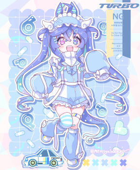 1girl :d @_@ absurdres animal_ears blue_eyes blue_hairband blue_shoes blue_shorts blue_socks blue_thighhighs blush_stickers commentary_request drop_shadow frilled_hairband frills full_body hairband heterochromia highres horse_ears horse_girl horse_tail jacket long_hair long_sleeves looking_at_viewer open_mouth peteron pink_jacket purple_eyes purple_hair sharp_teeth shoes shorts single_thighhigh sleeves_past_fingers sleeves_past_wrists smile socks solo standing standing_on_one_leg striped_clothes striped_thighhighs tail teeth thighhighs track_jacket twin_turbo_(umamusume) twintails twitter_username umamusume upper_teeth_only