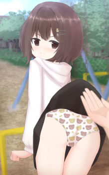 1girl absurdres animal_hair_ornament animal_print apple_panties apple_print ass bear_hair_ornament bear_panties bear_print black_skirt blush bow_print bow_print_panties brown_eyes brown_hair bush clothes_lift cloud food_print from_behind fruit_print hair_ornament hairclip highres hood hoodie horizontal_bar lifting_another&#039;s_clothes loli long_sleeves looking_at_viewer looking_back original panties paw_panties paw_print playground print_panties shooko short_hair skirt skirt_flip skirt_lift sky smile standing swing swing_set tree underwear white_hoodie white_panties