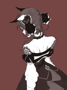 1girl animal_ears bare_shoulders braid braided_hair_rings brown_background clothing_cutout detached_sleeves dress ear_covers facing_away from_behind gentildonna_(regina_dei_fiori)_(umamusume) gentildonna_(umamusume) greyscale_with_colored_background hair_rings heart-shaped_ornament heart_ear_ornament highres horse_ears horse_girl horse_tail looking_down pakarappakaratt simple_background solo tail tail_through_clothes umamusume