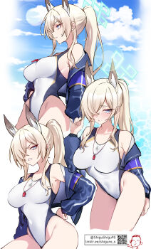 Rule 34 | 1girl, absurdres, animal ear fluff, animal ears, blonde hair, blue archive, blue eyes, blue halo, blue sky, blush, breasts, clenched teeth, cloud, covered navel, day, dog ears, glaring, hair over one eye, halo, highres, jacket, kanna (blue archive), kanna (swimsuit) (blue archive), large breasts, lifeguard, multiple views, off shoulder, outdoors, ponytail, sharp teeth, shigure s, sidelocks, sky, slit pupils, teeth, v-shaped eyebrows, whistle, whistle around neck