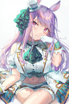 Rule 34 | 1girl, absurdres, animal ears, ascot, blue ascot, blush, closed mouth, clothing cutout, commentary request, crossed legs, gloves, green ascot, hat, highres, horse ears, horse girl, jacket, long hair, mejiro mcqueen (end of the skies) (umamusume), mejiro mcqueen (umamusume), midriff, mini hat, mini top hat, navel, official alternate costume, purple eyes, purple hair, shirt, short sleeves, shorts, shoulder cutout, simple background, solo, tilted headwear, top hat, umamusume, white background, white gloves, white hat, white jacket, white shirt, white shorts, yoru usagi