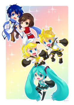 Rule 34 | 2boys, 3girls, :d, belt, black boots, black skirt, black sleeves, blonde hair, blue eyes, blue hair, blue scarf, blush, boots, brown eyes, brown hair, brown pants, chibi, chibi only, coat, commentary request, crodire, detached sleeves, fang, full body, grey shirt, hair ornament, hairclip, hatsune miku, kagamine len, kagamine rin, kaito (vocaloid), long hair, looking at viewer, meiko (vocaloid), miniskirt, multiple boys, multiple girls, neckerchief, necktie, open mouth, pants, pleated skirt, rainbow, rainbow background, red shirt, red skirt, scarf, shirt, short hair, skirt, sleeveless, sleeveless shirt, smile, thigh boots, vocaloid, white belt, white coat, white shirt, yellow neckerchief, yellow necktie