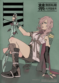 1girl ann_maulina aqua_eyes artist_name black_armlet black_gloves boots breasts brown_boots brown_skirt elbow_gloves final_fantasy final_fantasy_xiii fingerless_gloves full_body gloves green_background gunblade hair_over_shoulder holding holding_sword holding_weapon lightning_farron long_hair looking_at_viewer medium_breasts miniskirt parted_lips pink_hair single_bare_shoulder single_elbow_glove single_shoulder_pad skirt solo squatting sword vest wavy_hair weapon white_vest