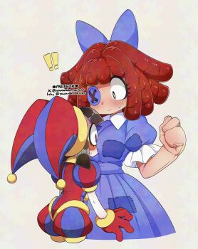 ! !! 2girls asymmetrical_eyes asymmetrical_gloves blue_bow blue_dress bluesky_username blush bow brown_hair button_eyes buttons colored_skin commentary constricted_pupils doll dress face_to_breasts gloves hashtag-only_commentary hat hat_bell highres jester jester_cap jester_costume leg_warmers mismatched_gloves multicolored_eyes multicolored_hat multiple_girls one_eye_covered patchwork_clothes pomni_(the_amazing_digital_circus) ragatha_(the_amazing_digital_circus) red_hair simple_background stitched_arm stitched_neck stitches stuffed_toy sweat symbol-only_commentary the_amazing_digital_circus triangle_nose twitter_username white_background white_skin yawaraka_meteor yellow_leg_warmers yuri