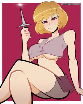 1girl absurdres blonde_hair breasts clementine_(overlord) dekumancer highres knife overlord_(maruyama) red_background red_eyes solo